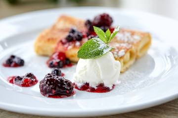 pancakes with berries and ice cream