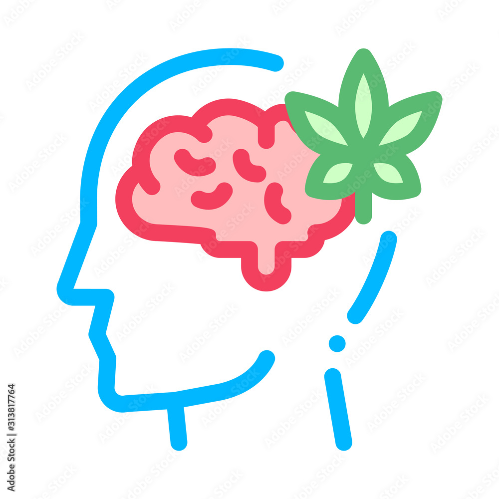 Sticker Brain And Leaf Man Silhouette Headache Vector Icon Thin Line. Tension And Cluster Headache, Migraine And Stress Symptom r Illustration