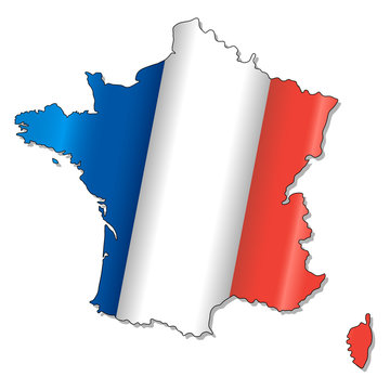 Map of France in combination with a waving French national flag. Silhouette or borders for geographic themes - Vector