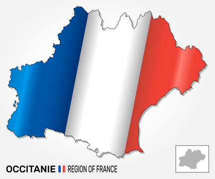 Map of the french region Occitanie combined with waving french national flag. Silhouette or borders for geographic themes - Vector
