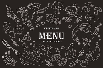 Set of flat hand drawn isolated vegetables on a black background. Vector illustration. Cooking time. Sketch style. Fresh organic food. EPS 10.	