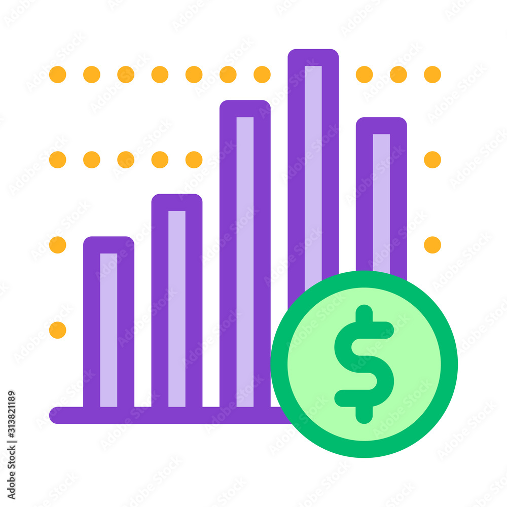 Sticker Financial Graph Chart And Coin Dollar Vector Icon Thin Line. Money Sign On Smartphone Display And Magnifier, Web Site Financial Illustration