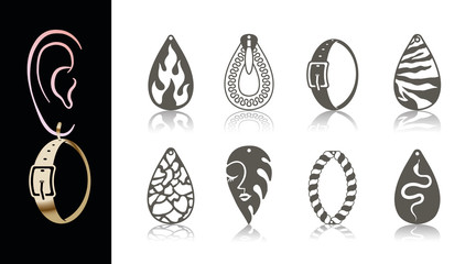 8 Earring Designs. Cutout drops with animal skin, snake, abstract face, fire, rope, belt, zipper. Designs are suitable for creating dainty & charm jewellery (earrings, necklace, pendant). 