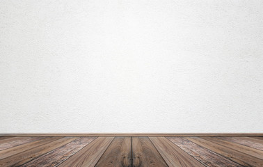 Empty interior room with white cement wall texture and brown wooden floor pattern. Concept interior vintage style