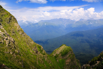 Beautiful mountain landscape in summer. Mountains with flowering Alpine plants.