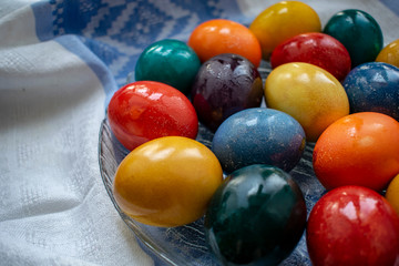 Eggs that found a rabbit at Easter of different colors in a vase.