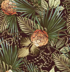 Gardinen Dschungel Tropical pattern with leaves, flowers and chain. Seamless luxury background drawn by shiny paints.  © Арина Трапезникова