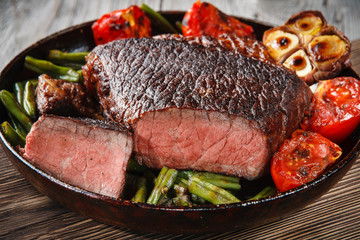 Marble beef steak in a cast iron skillet