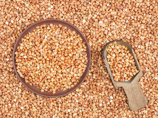 Clay plate with buckwheat groats and wooden shovel on buckwheat background. Healthy eating concept