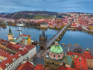 Prague, Czech Republic - Aerial panoramic drone view of world famous Charles Bridge (Karluv most)...