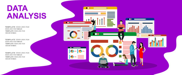 Flat vector landing page template of business statistics and analytics, audit report, company performance analysis. 
