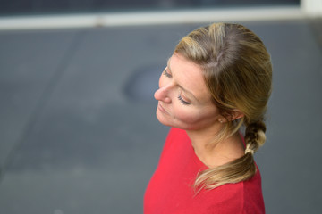 View from above of a long haired blond woman