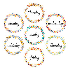 set of circle color wreaths with seven calligraphic weekday names vector illustration isolated on white