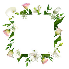 Flowers. Floral background. Eustoma. Lilies. White. Green. Leaves. Calla.
