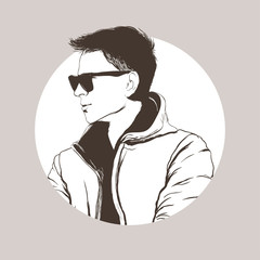 Handsome young adult men in sunglasses. Hand drawing vector illustration silhouette style. Boy fashion portrait man