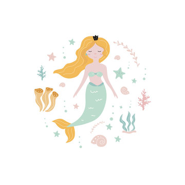 Decorative elements with a mermaid on a white background. Vector illustration for printing on fabric, postcard, packaging paper, gift products, Wallpaper, clothing. Cute baby background for girls.