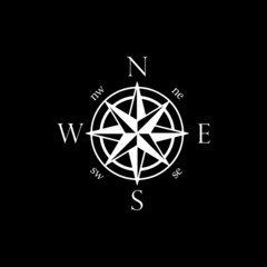 Vector compass rose with North, South, East and West indicated on black background