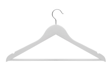 White wooden clothes hanger isolated on white background