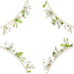 Flowers. Floral background. Lilies. White. Green. Leaves.  Pearls.