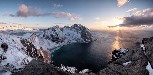 Ryten mountain on coastline at sunset in Lofoten Island, Norway