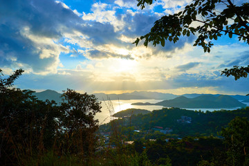 Fototapeta na wymiar View from Mount Tapyas on Coron Island - North Palawan, Philippines. Looking over Coron Town and Bay at Sunset.