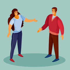 a man in a red sweater holds out his hand to greet a woman, a woman in dark trousers and with dark loose hair holds out his hand in response, blue background, separate layers, vector illustration