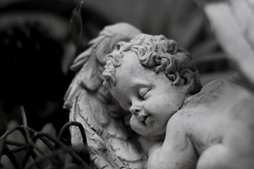 The statue of the angel sleeping in black and white