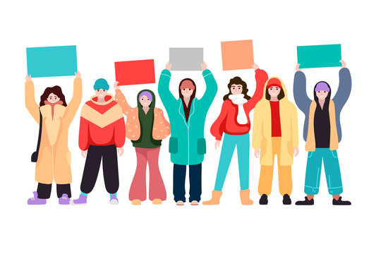 Crowd Of People Holding Banner. Social Protest. Young Activists. Political And Environmental Issues. Revolution. Vector Flat Cartoon Illustration. EPS 10