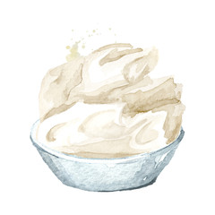 Mascarpone cream cheese on the plate. Watercolor hand drawn illustration, isolated on white background