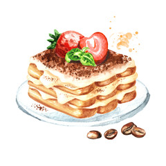 Tiramisu, Italian traditional sweet dessert decorated with fresh raspberry and coffee beans. Watercolor hand drawn illustration isolated on white background