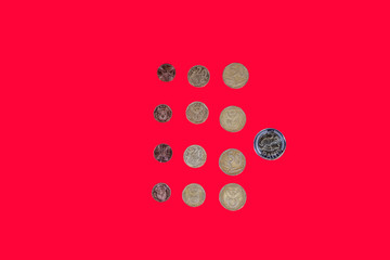 South African rand money coins top view. ZAR official currency of South Africa republic in denominations of bimetallic cent coins on red background.