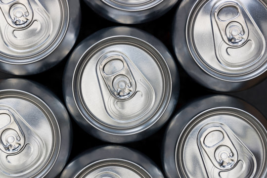 Silver Soda Metal Diet Energy Drinks Cans Top View Background