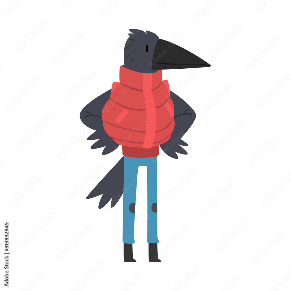 Sticker Black Raven Wearing Warm Winter Clothes, Humanized Forest Bird Cartoon Character Vector illustration