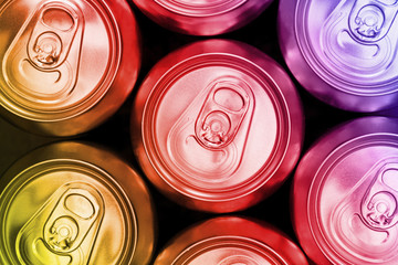 Color soda metal diet energy drinks cans top view background