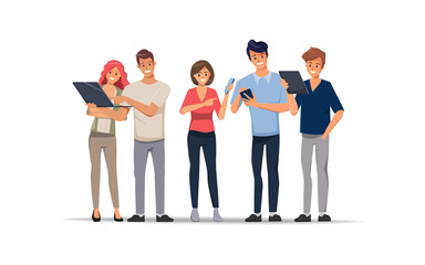 Obraz premium Business people teamwork office character. Social media communication with gadget.