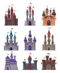 Medieval Fairytale Castles Collection, Ancient Fortified Fortresses and Palaces with Towers Vector Illustration © topvectors