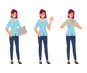 Fototapeta premium Character office woman pose set. Freelance job creation character.