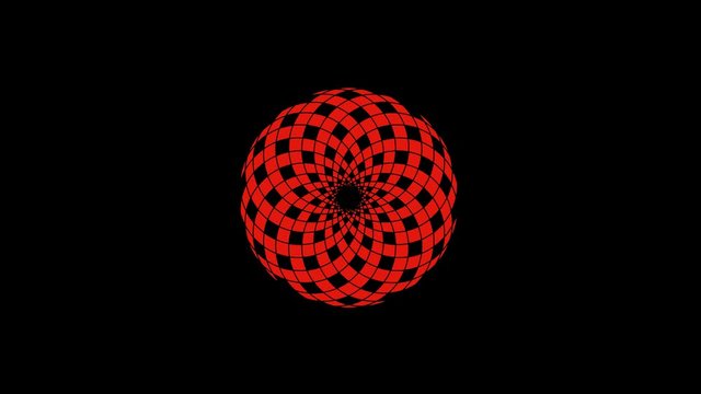 Colored graphic object that rotates clockwise in the center, varying in size, on a background with a hypnotic, psychedelic and stroboscopic effect, in 16: 9 video format.