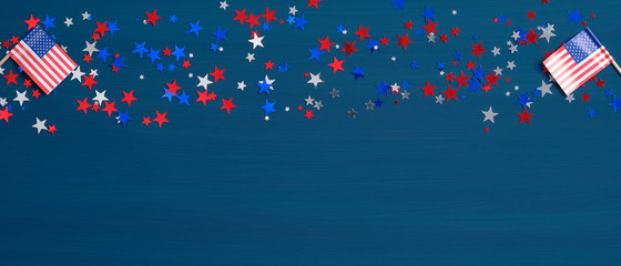 American flags and confetti stars on blue background. Happy Presidents Day Banner mockup. USA Independence Day, Labor Day, Memorial Day, US election concept.