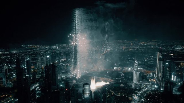 Aerial view of famous New Year's Eve fireworks in Dubai centre, United Arab Emirates UAE