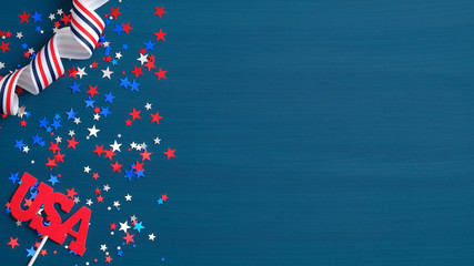 Obraz premium Happy Presidents Day USA concept. Festive flat lay style composition with sign USA, grosgrain ribbon in American flag colors and confetti stars. Web banner template for Independence day or US election