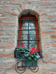 Fototapeta na wymiar Coriano Castle, Italy. Detail of a window adorned with flowers