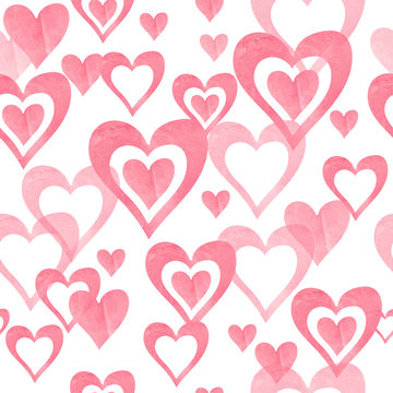 Pink watercolor hearts pattern. Valentines Day seamless vector background.