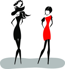 vector illustration of two fashion girls in black and red dress