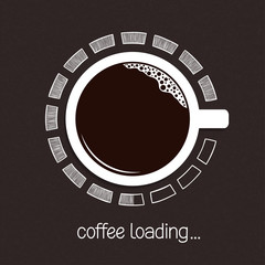 Cup of coffee with hand drawn loading symbol around it over blackboard background