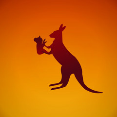 Obraz premium Kangaroo hold a baby Koala on the arm during fire in the forest in yellow and red shade background.