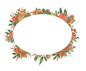 Hand drawn watercolor wreath with flowers in bloom. Creative decorative elements. Perfect for valentines day, designing cards, holiday letters, wedding, birthday, save the date invitation.