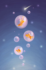 Fototapeta na wymiar Fantasy night illustration with sky and fish in bubbles. Calm good night poster