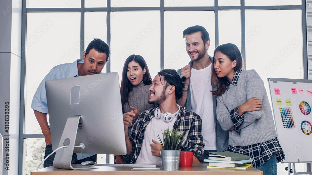 Poster creative director team surprise for good news of project with designer at meeting table with desktop