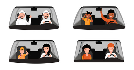 People driving car illustrations set. Arabic man wearing traditional clothing sitting at front seat of automobile. Married couple, mother and son, afro american father with daughter